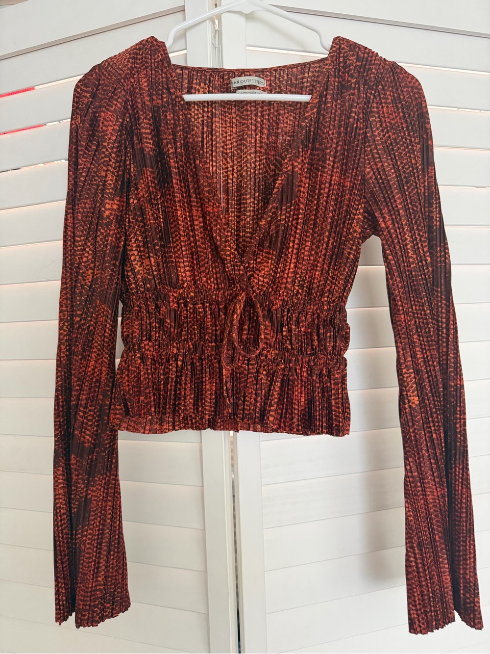 Urban Outfitters Rust and Black Smocked V-Neck Long Sleeve Top